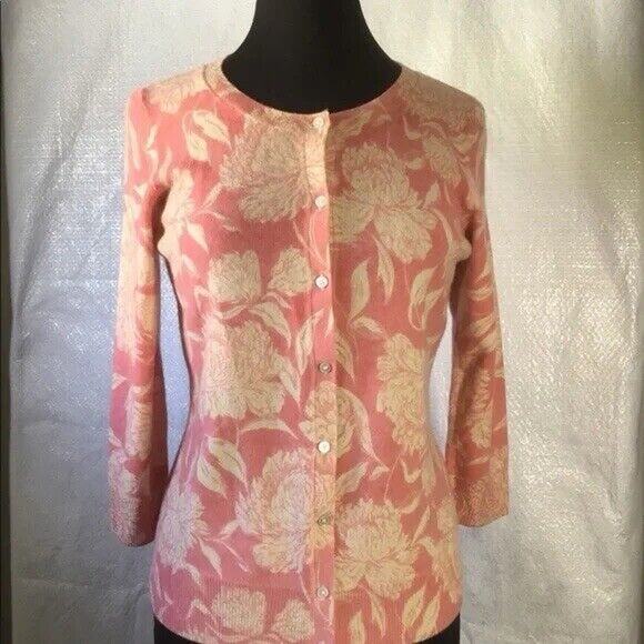 Talbots Petites 100% Cashmere Pink Ivory Floral Cardigan Sweater Size Large - Picture 1 of 9
